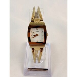 Timex Womens Gold Tone Bangle Bracelet Watch Square White Dial Dress Watch